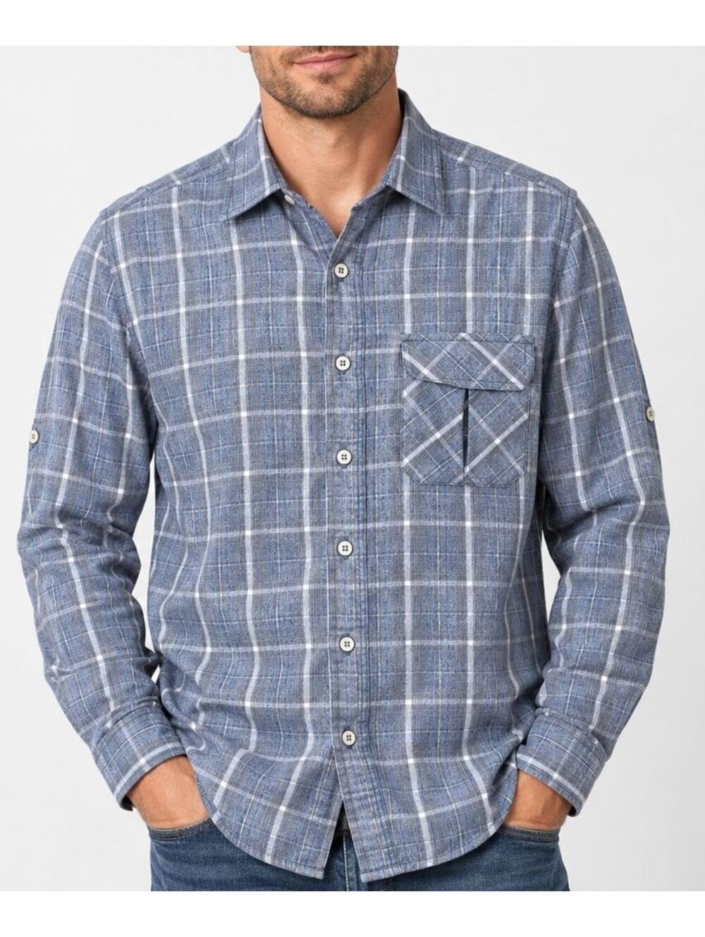 Wrangler Outdoor Series Men's M Blue Gray Plaid Long Sleeve Hiking Travel Shirt